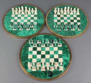 3 malachite and turned white marble chess sets with 9 1/2" boards