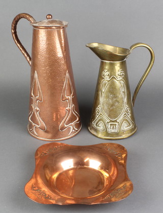 A Newlyn style planished copper jug of waisted cylindrical form 11", a Beldray embossed brass jug 9" and a square embossed copper dish 7 1/2" 