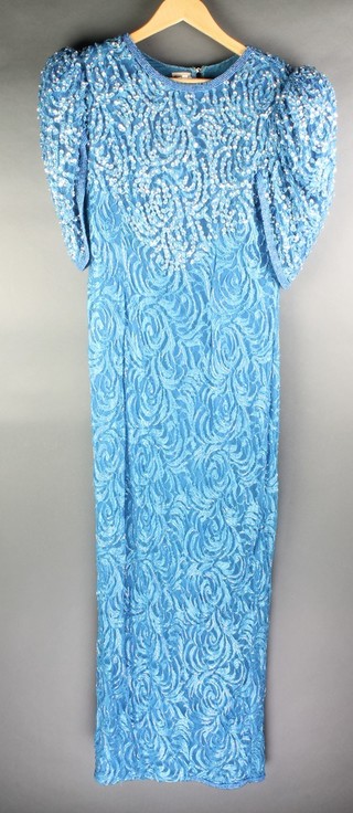 Judith Ann Creation, a blue bead work evening dress, medium size 