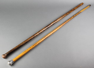 A 19th Century tippling stick complete with glass insert together with a walking cane with silver terminal (heavily pitted) 