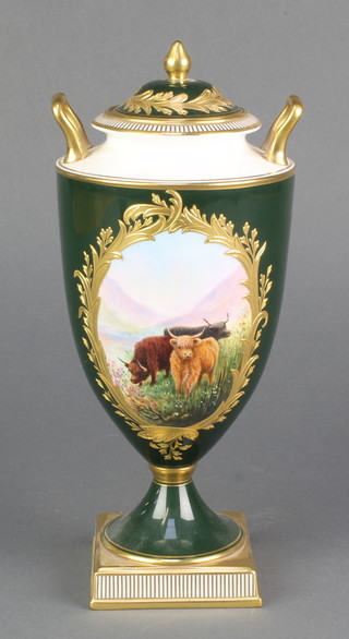 A Wedgwood 2 handled urn shaped vase and lid decorated with highland cattle Wedgwood 1990 no. 4 10" 
