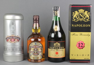 A 70cl bottle of Chivas Regal 12 year old premier scotch whisky together with  a litre bottle of 12 year old Napoleon brandy 