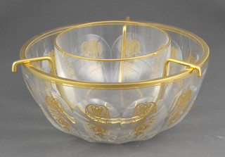 A Baccarat glass caviar set comprising 2 gilt rimmed bowls and a gilt stand 8" 