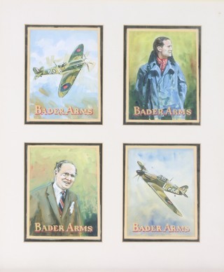 Douglas Bader, 4 original designs for the Bader Arms 5" x 4", all mounted in one frame together with a reproduced black and white photograph of Douglas Bader and Alexander Hess 5" x 6", a monochrome print of  "The 10 Rules of Air Fighting" 7 1/2" x 5" together with a rectangular mahogany plaque inscribed "This building was open by Group Captain Douglas Bader  in the company of others of The Tangmere Wing, Friday 20 November 1981" 8" x 21" 
