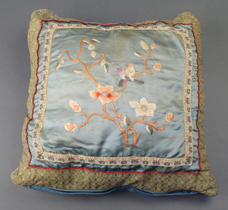 A Chinese embroidered silk cushion 13" x 13" decorated birds amidst branches 