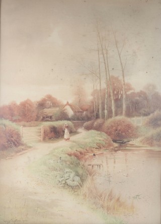 George Oyston 1902, watercolour, signed and dated, a lady beside a stream with distant buildings 28" x 20" 