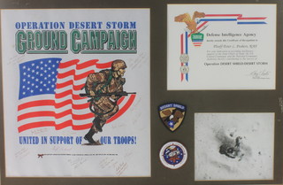 4 framed montages relating to Operation Desert Shield/Desert Storm including posters, badges, photographs and signed items to Pilot Officer Peter L Probert RAF 