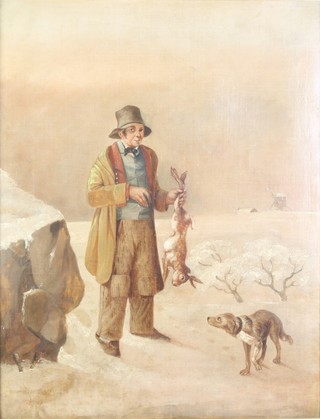 A Victorian oil on canvas, study of a poacher in a winter landscape 17" x 13" 