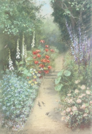 20th Century watercolour, indistinctly signed study of a country garden with birds 14" x 9 1/2" 