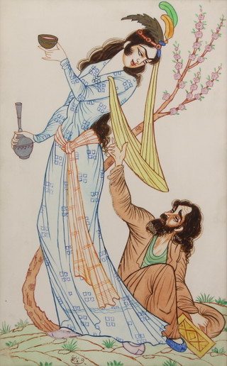 A 20th Century Persian watercolour of a gentleman seated before a lady 7 1/2" x 4 1/2" with Parker Gallery label on verso 