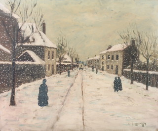 G Monisse, oil on canvas, signed, figures in a winter street scene 17" x 20 1/2" 