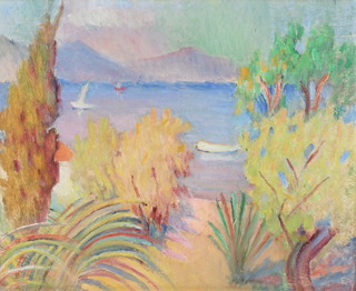 20th Century, Russian oil on board, a Summers coastal scene with boats inscribed on verso 14" x 17 1/2" 