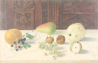 Early 20th Century watercolour, monogrammed RR, study of fruit on a marble table 10" x 16" 