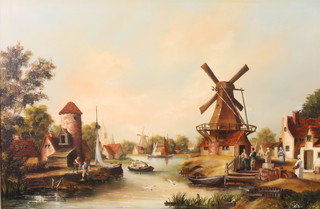 20th Century oil on canvas, Dutch canal scene with figures 15 1/2" x 23" 