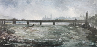 S J Iredale, oil on board, signed, atmospheric study  'The Pool of London' a view of the Thames with Houses of Parliament in the background 11 1/2" x 23 1/2" 