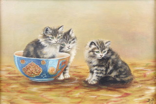 Bessie Bamber '03, oil canvas, monogrammed, study of a kitten sitting in a bowl with 2 others beside him 6 1/2" x 9 1/2" 
