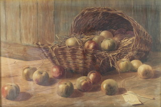 V Payne, Edwardian watercolour, still life study of a wicker basket of apples 18" x 27" 