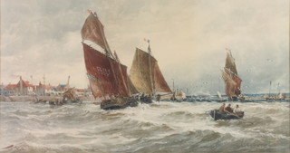Thomas Bush Hardy RBA (1842-1897), watercolour, signed, a coastal study of boats in choppy seas by a harbour arm 12" x 23" titled "Against the Tide at Etaples, Pas De Calais"
