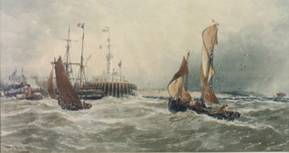 Thomas Bush Hardy RBA (1842-1897)  watercolour, signed and dated 1890, study of boats in choppy seas off harbour arm, titled "The Harbour Bar" 12" x 23" 
