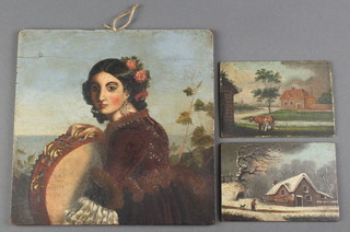 A 19th Century Continental oil on board, portrait of a Spanish lady, unframed, 7" x 7", a pair of 19th Century English oils on board, studies of a country house with milkmaid and cow 4" x 3" and a ditto of a winter landscape with a figure and dog before a building 3" x 4" 