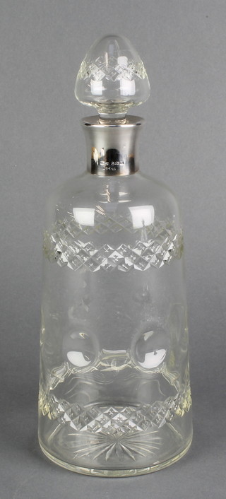 A tapered decanter with silver collar Birmingham 1929 11" 