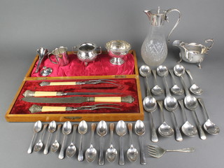 A Victorian silver plated tea kettle, a plated jug and minor plated items 
