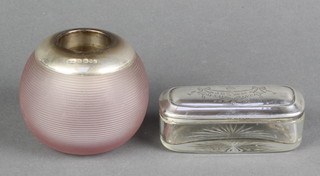 A silver mounted pink glass match striker and a ditto toilet jar 