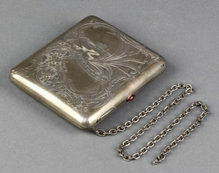 An early 20th Century Russian silver cigarette case with chased decoration with scrolls, bulrushes and a rural scene, having a cabochon cut button 136 grams 
