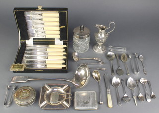 A silver plated ladle, a preserve pot, cased set and minor plated items
