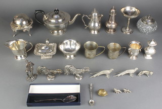 A silver plated shaker and minor plated items 