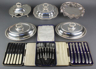 A silver plated 2 division entree dish and minor plated items 
