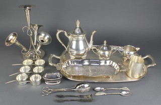 A silver plated 4 section epergne, a 3 piece tea set and minor plated items 
