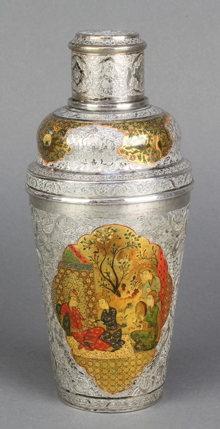 An early 20th Century Persian silver cocktail shaker with decorated polychrome view of figures before pavilions 400 grams 8" 