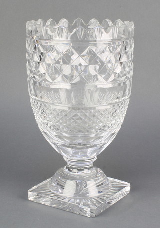 A Georgian style cut glass vase with hobnail decoration and squre foot 11" 