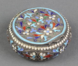 A Russian silver and enamel pill box with formal floral decoration 58 grams 2" 