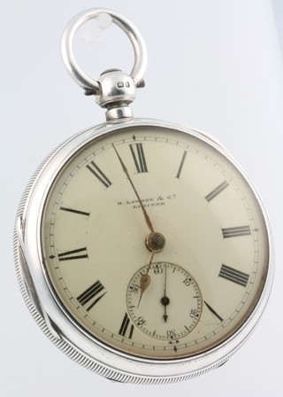 A silver key wind pocket watch with seconds at 6 o'clock, the dial inscribed R Lawson & Co Ltd