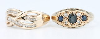 A 9ct yellow gold baguette cut open ring size N and a 9ct sapphire and diamond ring size Q