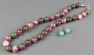A hardstone bead necklace and a pair of ditto ear studs 