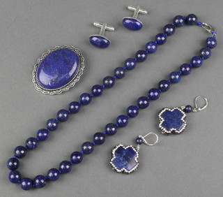 A hardstone bead necklace, a pair of ditto earrings and brooch