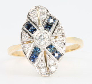 An 18ct yellow gold Art Deco style diamond and sapphire ring, size O