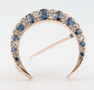 A Victorian yellow gold sapphire and diamond crescent brooch 