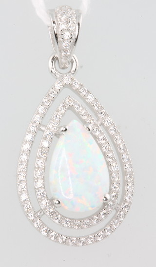 A silver pear shaped opalite and paste set pendant
