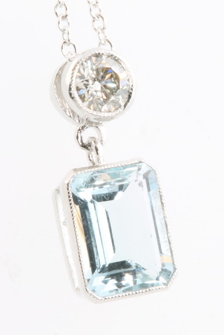 An 18ct white gold aquamarine and diamond pendant, the brilliant cut stone approx 1.6ct, the brilliant cut diamond approx 0.25ct 