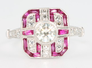 An 18ct white gold Art Deco style ruby and diamond ring approx. 0.70ct, size N 1/2