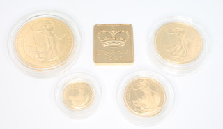 A Britannia 1993 proof coin set comprising one 1oz coin, one 1/2 oz coin, one 1/4 oz coin and one 1/10 oz coin in fine gold 