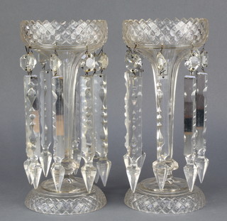 A pair of Victorian clear glass lustres with hobnail cut decoration and drops 12"  