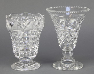 A cut glass tapered vase on spread foot 7", a tapered ditto 8" 
