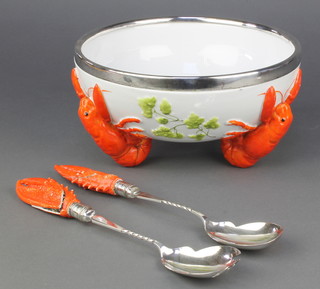An Art Deco German salad bowl with plated rim and 3 lobster feet 10" together with a pair of ditto servers 