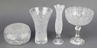 A Victorian cut glass comport 7 1/2", 2 vases and a box and cover 