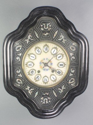 A 19th Century striking Vineyard clock with marble effect dial contained in a shaped ebonised and mother of pearl case 24" x 18" 